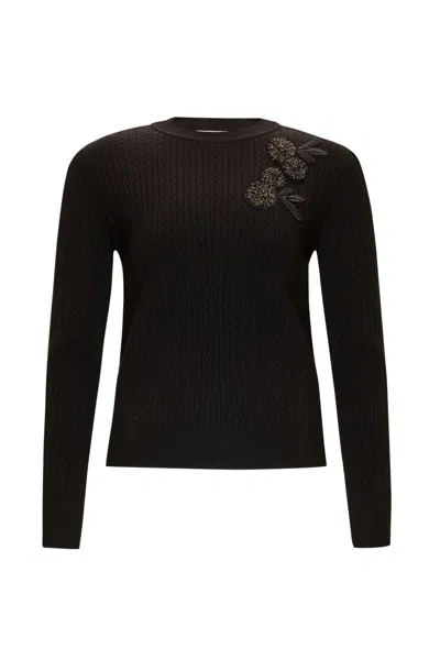 Exquise Women's Crew Neck Floral Embroidered Knit Sweater - Black