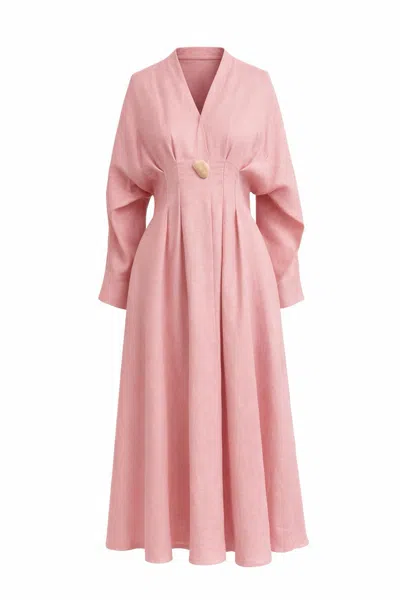 Exquise Women's Garlyn Slim V Neck Long Sleeve Linen Midi Dress - Pink