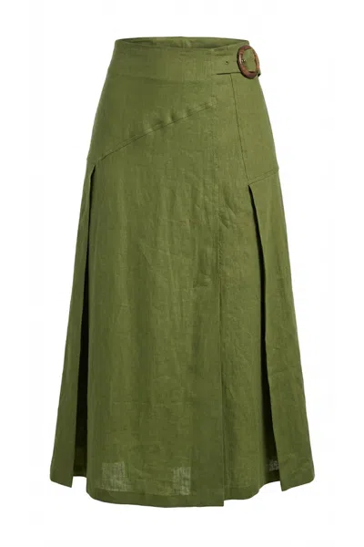 Exquise Women's Green Burnice Buckle Detail Linen Midi Skirt  - Khaki