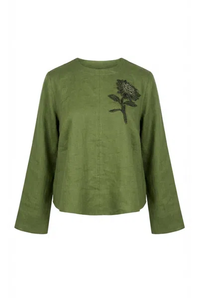 Exquise Women's Green Fifine Long Sleeve Linen Blouse - Khaki