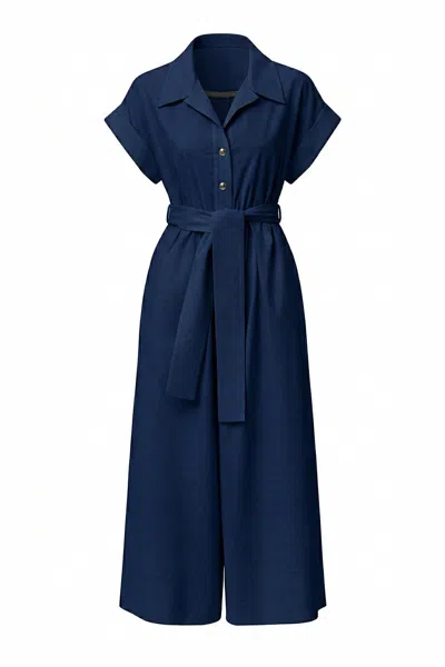 Exquise Women's Leatrice Short Sleeve Belted Midi Jumpsuit - Navy Blue