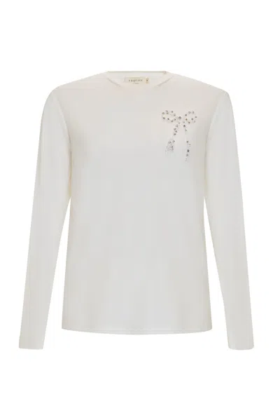 Exquise Women's Neutrals Crew Neck Embroidered Woven Blouse - Ecru