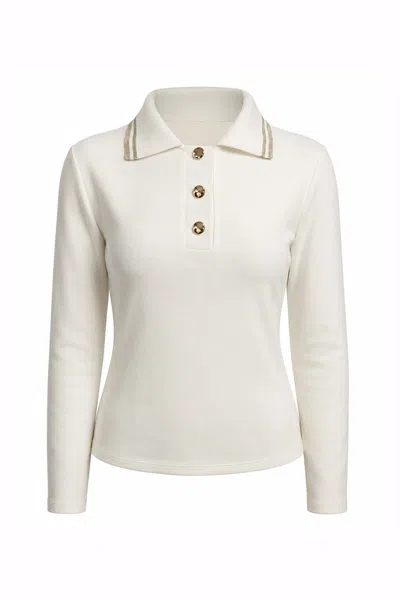 Exquise Women's Neutrals Polo Neck Long Sleeve Knitted T Shirt - Ecru In Beige