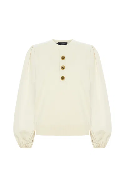 Exquise Women's Neutrals Regular Elastic Cuffs Crew Neck Cotton Knit Amity Blouse - Ecru