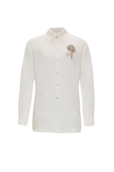 Exquise Women's Neutrals Regular Floral Bead Embellished Shirt - Ecru In White