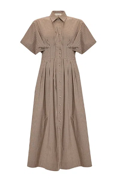 Exquise Women's Neutrals Tailored Defined Waist Check Print Shirt Dress - Ecru In Brown