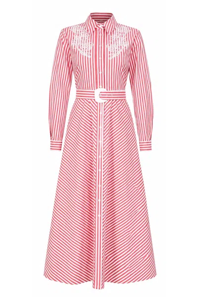 Exquise Women's Pink / Red Embroidered Collared Midi Dress With Belt & Long Sleeves - Red White