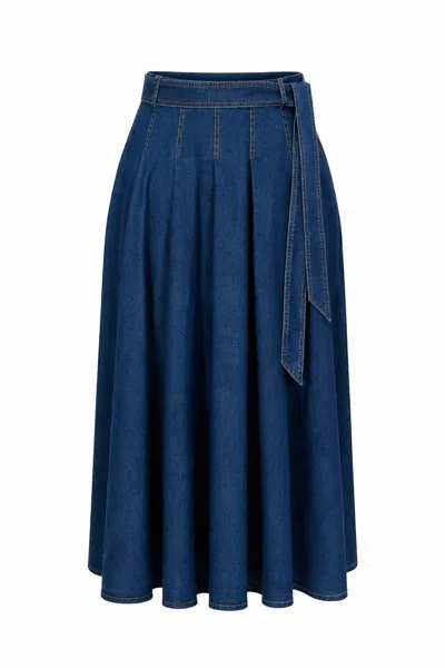 Exquise Women's Pleated Midi Skirt With Pockets & Belt - Blue