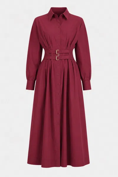 Exquise Women's Red Belted Fitted Waist Midi Shirt Dress – Burgundy