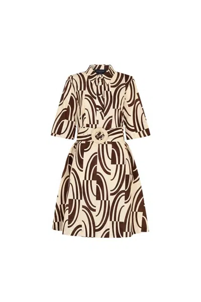 Exquise Women's Regular Abstract Print Belted Shirt Dress - Brown