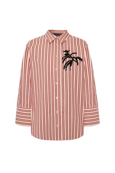 Exquise Women's Regular Red Striped Embroidered Shirt - Red