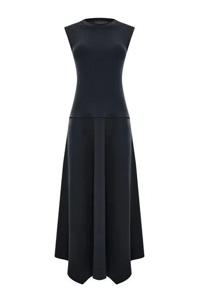 Exquise Women's Regular Ribbed Top Sleeveless Poplin Skirt Dress - Black