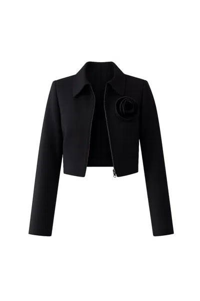 Exquise Women's Regular Rose Detailed Zippered Ares Jacket - Black