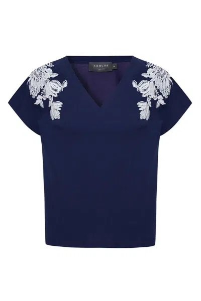 Exquise Women's Regular Sleek Embellished Haven T-shirt - Blue