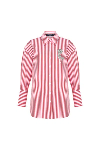 Exquise Women's Regular Stone Embellished Striped Poplin Shirt - Red