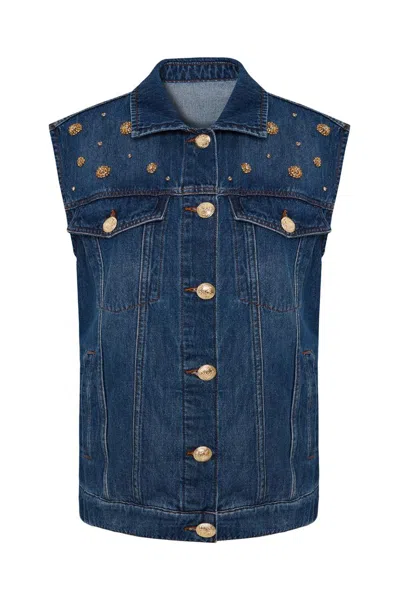Exquise Women's Regular Studded Indigo Denim Serena D. Vest - Blue