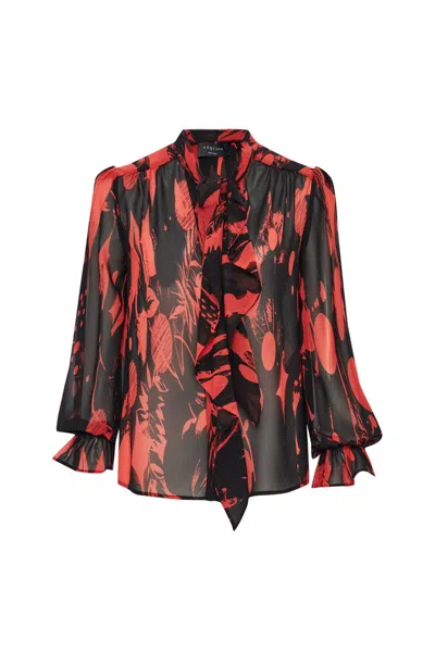Exquise Women's Regular Tie Detailed Patterned Sheer Chiffon Agatha Shirt - Red