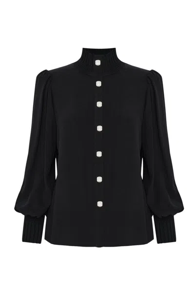 Exquise Women's Relaxed High Neck Knit Detailed Shirt - Black