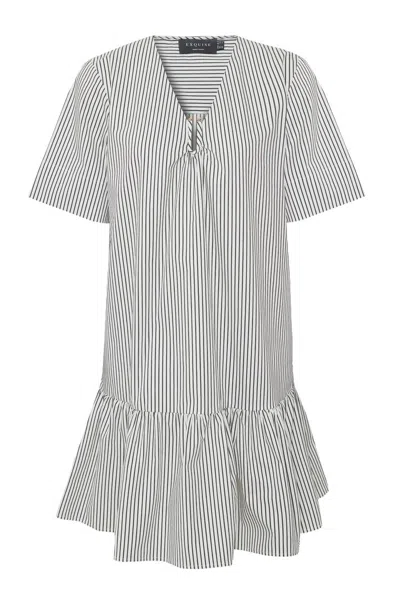 Exquise Women's Relaxed Striped Pleated Buckle-neck Cotton Dress - White In Multi
