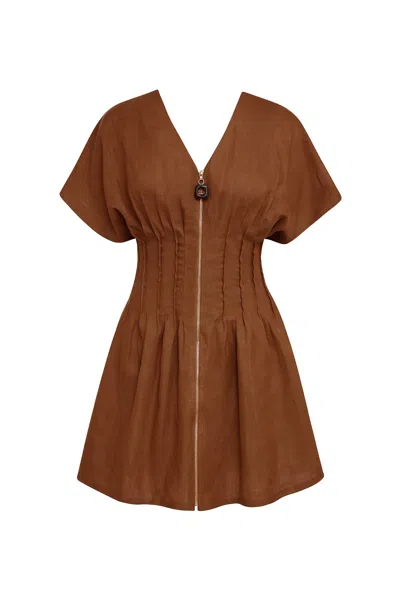 Exquise Women's Short Sleeve Linen Mini Dress - Brown