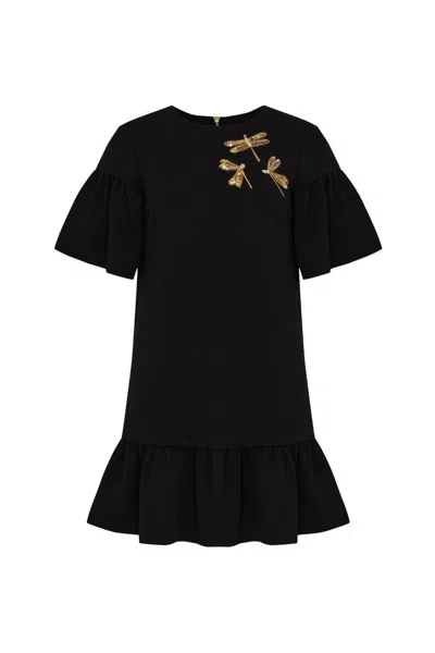 Exquise Women's Slim Embroidered Crew Neck Mini Dress - Black