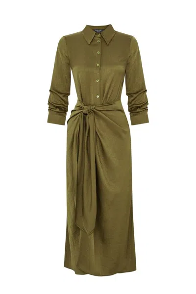 Exquise Women's Slim Fitted Waist Belted Midi Shirt Dress - Green