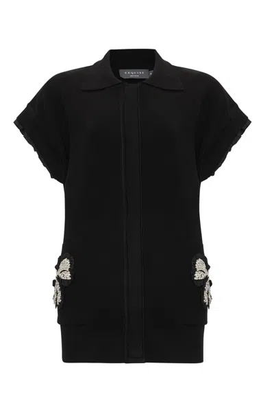 Exquise Women's Stone Pocket Detail Collar Knit Vest - Black
