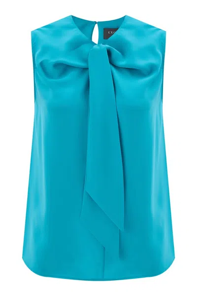Exquise Women's Tie-up High Collar Blouse In Turquoise In Blue