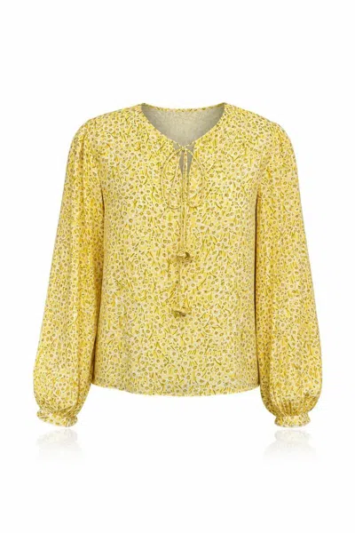 Exquise Women's Yellow Florenz Crew Neck Tie Front Patterned Blouse - Multi Color