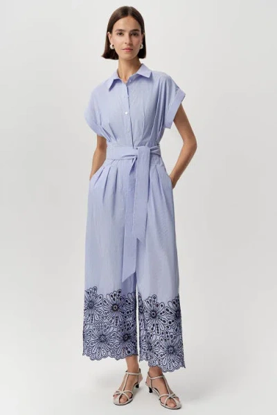 Exquise Zoie Short Sleeve Button Belted Jumpsuit In Blue