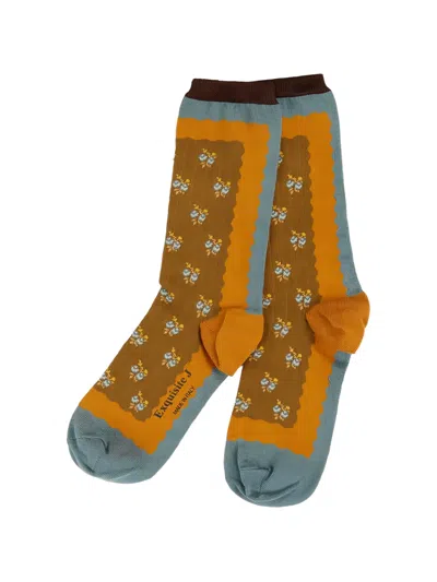 Exquisite J Floral-pattern Ribbed Socks In Brown