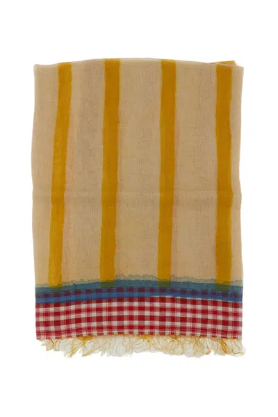 Exquisite J Lightweight Scarf With Vertical Mustard Stripes And Fringed Edges In Brown