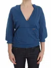 Exte Blue Cotton Top Pullover Deep V-neck Women Sweater In Blue