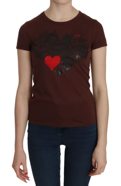 Exte Brown Heart Print Crew Neck T-shirt Short Sleeve Women's Blouse