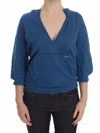 Exte Blue Cotton Top Pullover Deep V-neck Women Sweater In Multi