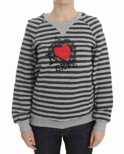 Exte Gray Striped Cotton Crewneck Women's Sweater