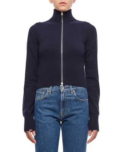 EXTREME CASHMERE TAILORED BLUE ZIP CARDIGAN WITH HIGH COLLAR AND RIBBED CUFFS