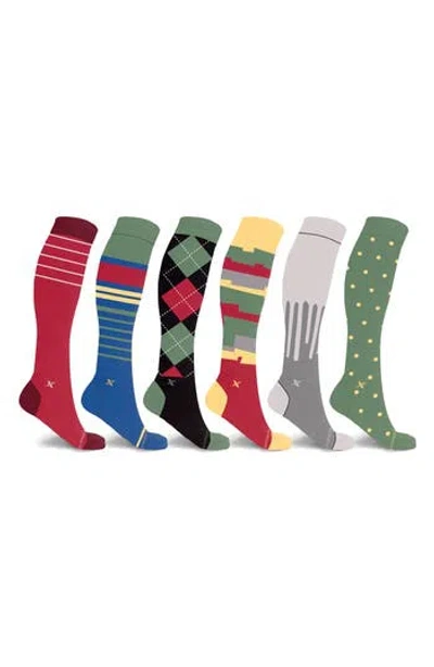 Extreme Fit Assorted 6-pack Graduated Compression Crew Socks In Green Multi