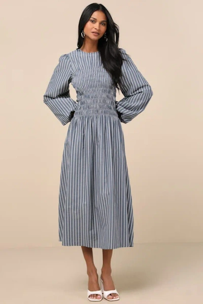 Extro & Vert Ayla Blue Striped Smocked Blouson Sleeve Midi Dress