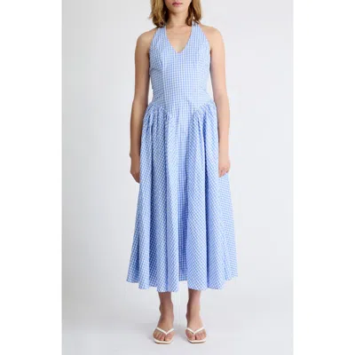 Extro & Vert Elodie Gingham Halter Midi Dress In Blue