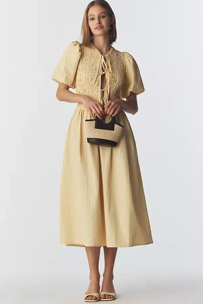 Extro & Vert Sara Puff-sleeve Tie-front Midi Dress In Multi