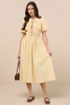 Extro & Vert Sara Yellow Striped Smocked Puff Sleeve Midi Dress In Yellow