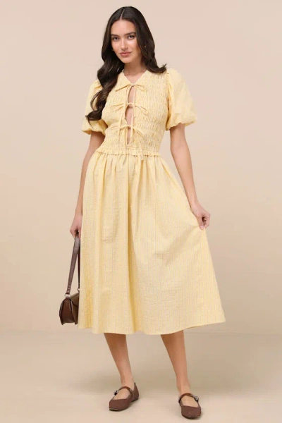 Extro & Vert Sara Yellow Striped Smocked Puff Sleeve Midi Dress