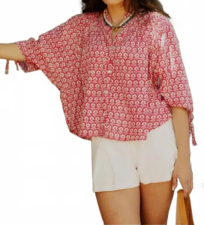 Ex-voto Blockprint Fleur Button Front Blouse In Raspberry Wine In Multi