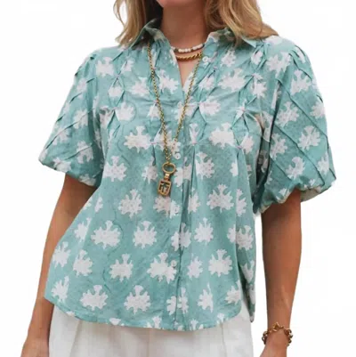 Ex-voto Lizzie Short Sleeve Blouse In Blue Surf And White In Multi