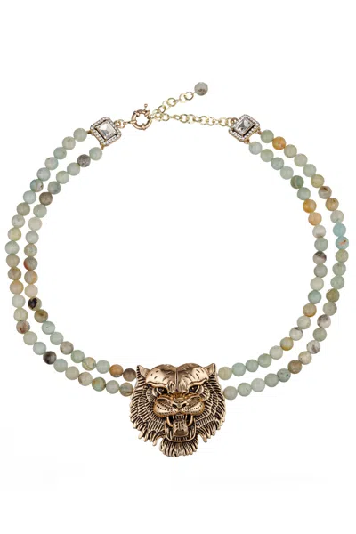 Eye Candy La Asal Amazonite Tiger Statement Beaded Necklace In Gold