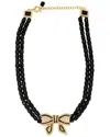 Eye Candy La Bow Beaded Statement Bib Necklace In Black