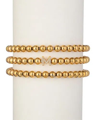 Eye Candy La Women's Luxe Collection 3-piece Initial Goldtone Beaded & Cubic Zirconia Bracelet Set In Letter M