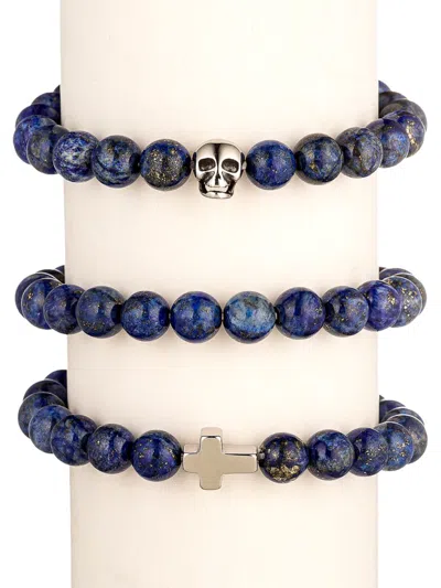 Eye Candy La Men's 3-piece Titanium & Blue Agate Beaded Bracelet Set
