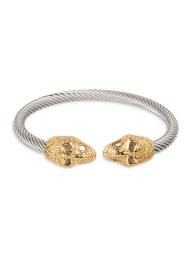 Eye Candy La Men's Double Head Goldtone & Silvertone Titanium Skull Cuff Bracelet